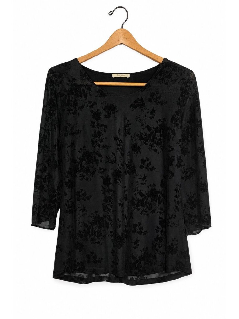 Women’s Black Tonal Floral Jacquard Blouse 3/4 Sheer Sleeve Tunic - Picture 1 of 2